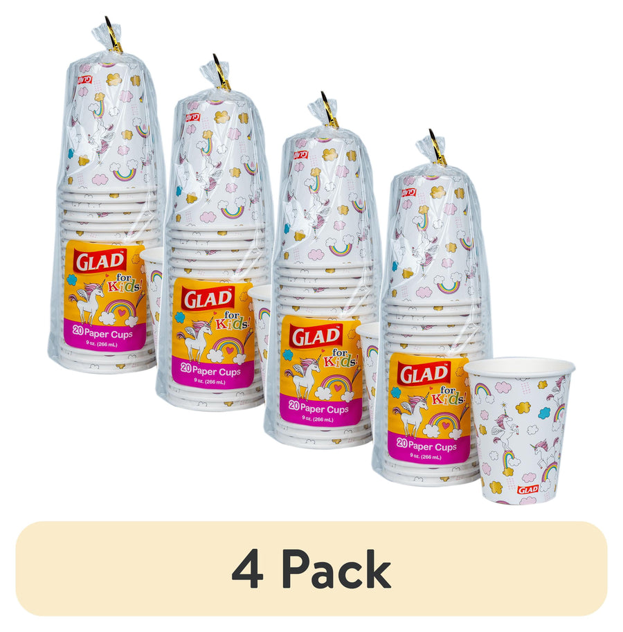 Four wrapped stacks of Glad Kids unicorn-printed paper cups with one cup displayed