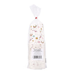 Rear view of a clear bag containing a stack of Glad unicorn-printed paper cups with barcode visible