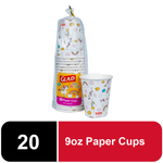Single wrapped stack of Glad Kids unicorn paper cups with one patterned cup beside it