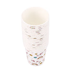 Top-down view of a vertical stack of Glad Kids unicorn paper cups showing interior and patterned sides