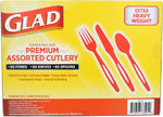 Back of Glad yellow value pack box showing red utensil silhouettes and product callouts for premium assorted cutlery