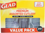 Close-up front of Glad yellow box with window showing stacks of clear plastic forks, knives and spoons inside the value pack