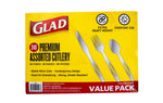 Glad branded yellow box for premium assorted silver cutlery showing knife, fork and spoon illustrations on front