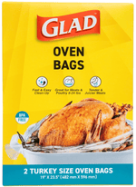 Bright yellow Glad oven bags cardboard box with roasted turkey image and '2 turkey size oven bags' banner
