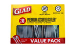 Glad yellow value-pack box labeled premium assorted silver cutlery with clear window showing stacked utensils