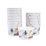 Two stacks of Glad paper snack bowls with one bowl in front, all showing the zoomie dogs pattern
