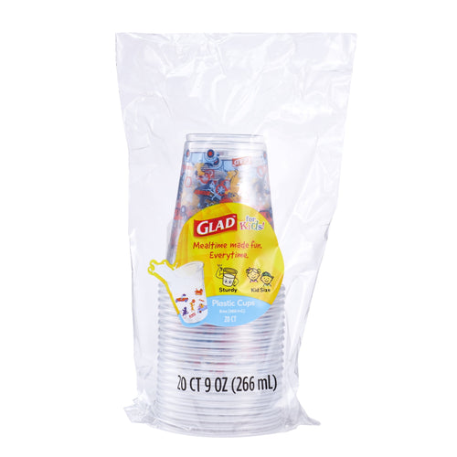 Retail bag of Glad Zoomie Dogs printed clear plastic cups showing the stacked cups and a yellow Glad label on the bag