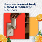 Hand inserting a Glade warmer into an outlet with text about choosing fragrance intensity and citrus artwork