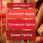 Red infographic panel listing fragrance notes: McIntosh Apple, Cinnamon Spice, and Sweet Vanilla with apple and cinnamon background