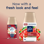 Glade apple cinnamon automatic spray refill packaging showing old and new can designs with 'fresh look and feel' headline