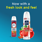 Two Glade Apple Cinnamon aerosol cans with large apple illustration and headline reading now with a fresh look and feel