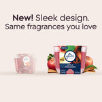 Branded Glade Apple Cinnamon candle package shown beside an earlier design with headline about new sleek design and same fragrances