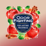 Graphic of watercolor apples and cinnamon sticks with 'Odor Fighting for Lasting Freshness' badge
