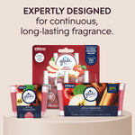 Arrangement of Glade Apple Cinnamon products including 3-wick candles and plug-in refills with headline about continuous long-lasting fragrance