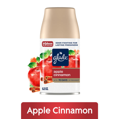 Glade apple cinnamon automatic spray refill can with watercolor apples and cinnamon artwork
