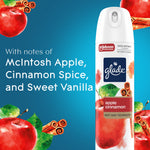 Glade Apple Cinnamon aerosol can with apple and cinnamon art and copy noting scent notes like McIntosh apple and cinnamon spice