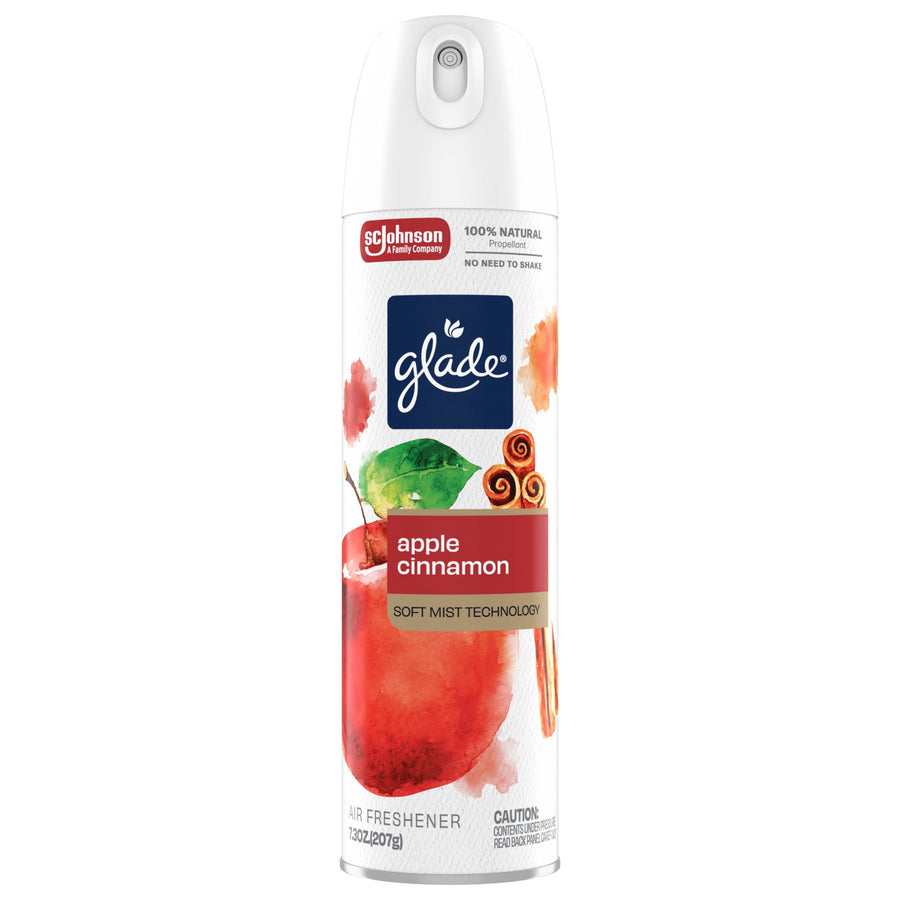 Glade Apple Cinnamon soft-mist aerosol air freshener can, front label with apple and cinnamon artwork