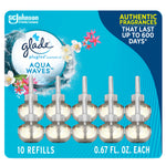 Front pack image showing ten Glade plug-in scented oil refills, Glade Aqua Waves branding and 'Authentic fragrances that last up to 600 days'.