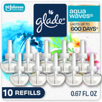 Glade branded pack art showing ten clear plug-in scent refills, Glade logo and 'Aqua Waves' with 'Lasts up to 600 days' callout.