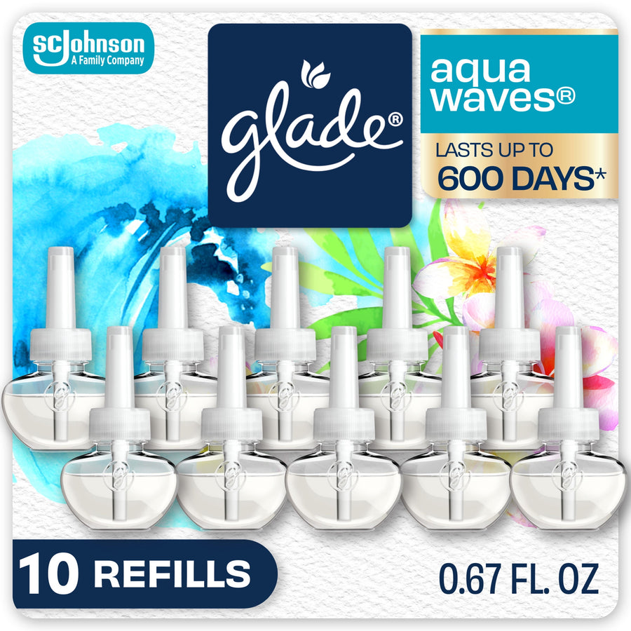 Glade branded pack art showing ten clear plug-in scent refills, Glade logo and 'Aqua Waves' with 'Lasts up to 600 days' callout.