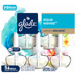 Packaged Glade PlugIns aqua waves five-refill blister card showing brand logo, refill bottles and scent panel