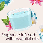 Illustrated aqua-blue three-wick candle with floral and ocean accents and text about fragrance infused with essential oils