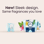 Promotional graphic showing old and new Glade Aqua Waves candle packaging with headline 'New! Sleek design. Same fragrances you love'