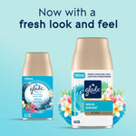 Glade Aqua Waves refill cans showing old and new label designs with floral ocean artwork and fresh look text
