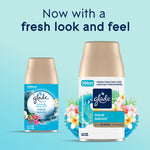 Two Glade Aqua Waves refill cans and one automatic dispenser on aqua background with fresh look message