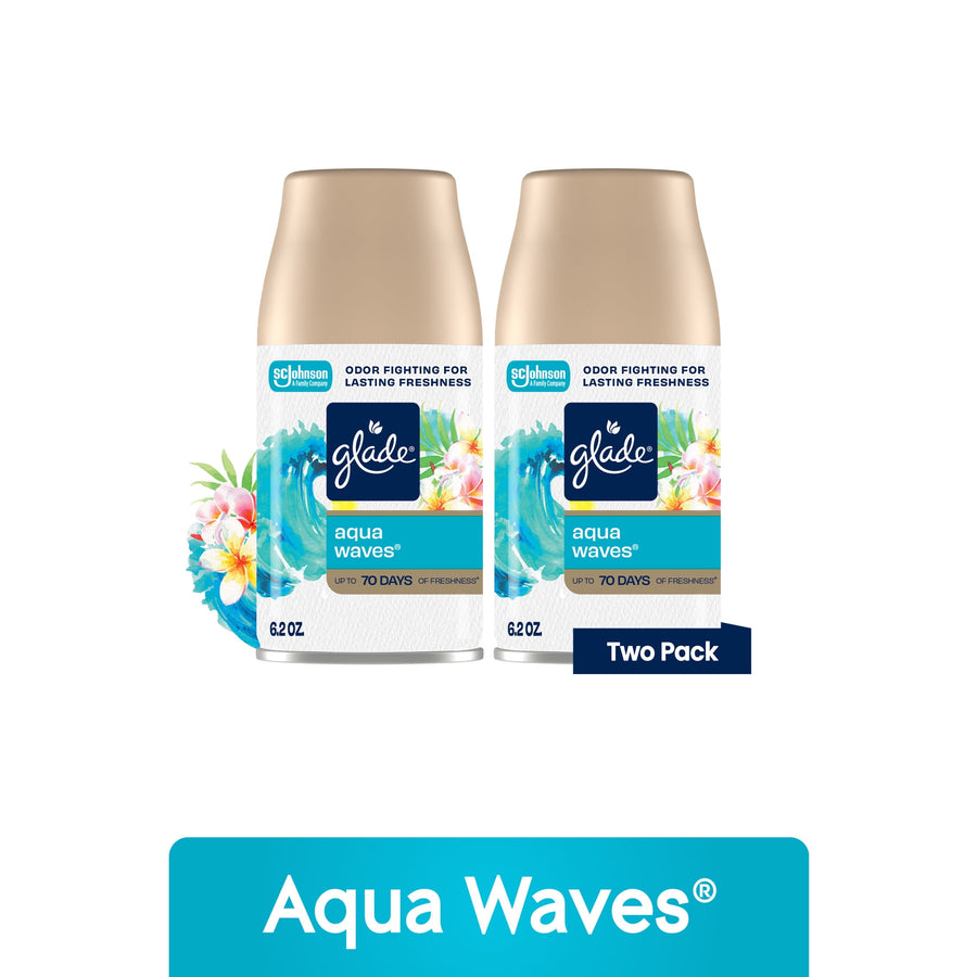 Two Glade Aqua Waves automatic spray refill cans with floral and wave label artwork on white background