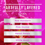 Pink floral infographic reading 'ARTFULLY LAYERED' with scent notes like Red Mandarin, Pink Orchid, Neroli Petals