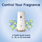 Glade automatic fragrance device centered on a blue background with floral accents and text about controlling fragrance intervals.