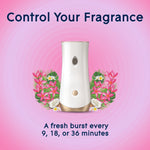 Glade automatic spray dispenser pictured with tropical flowers and text about controlling fragrance intervals