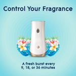 Glade automatic spray dispenser pictured with floral ocean artwork and text about controlling fragrance intervals