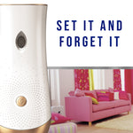 Glade automatic spray device next to a pink-lounge lifestyle scene with 'Set it and forget it' text