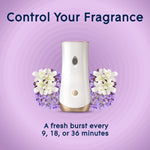 Glade automatic spray dispenser pictured with flowers and text about controlling fragrance and burst intervals