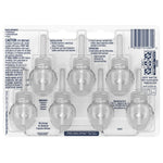 Clear plastic backing of Glade plug-ins refills showing empty-shaped cavities for seven refill bottles and printed product instructions