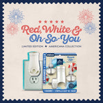 Promotional graphic with Glade Beach Life PlugIns starter kit next to a plugged-in warmer and Americana fireworks text