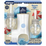 Close-up product shot of Glade Beach Life PlugIns blister pack showing the white warmer and two round refill bottles