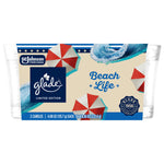 Close-up of Glade Beach Life candle two-pack label with umbrellas, wave art, brand logo and 'Beach Life' text on beige background