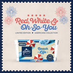 Promotional graphic for Glade Beach Life featuring the two-pack candle package with Americana 'Red, White & Oh-So-You' headline