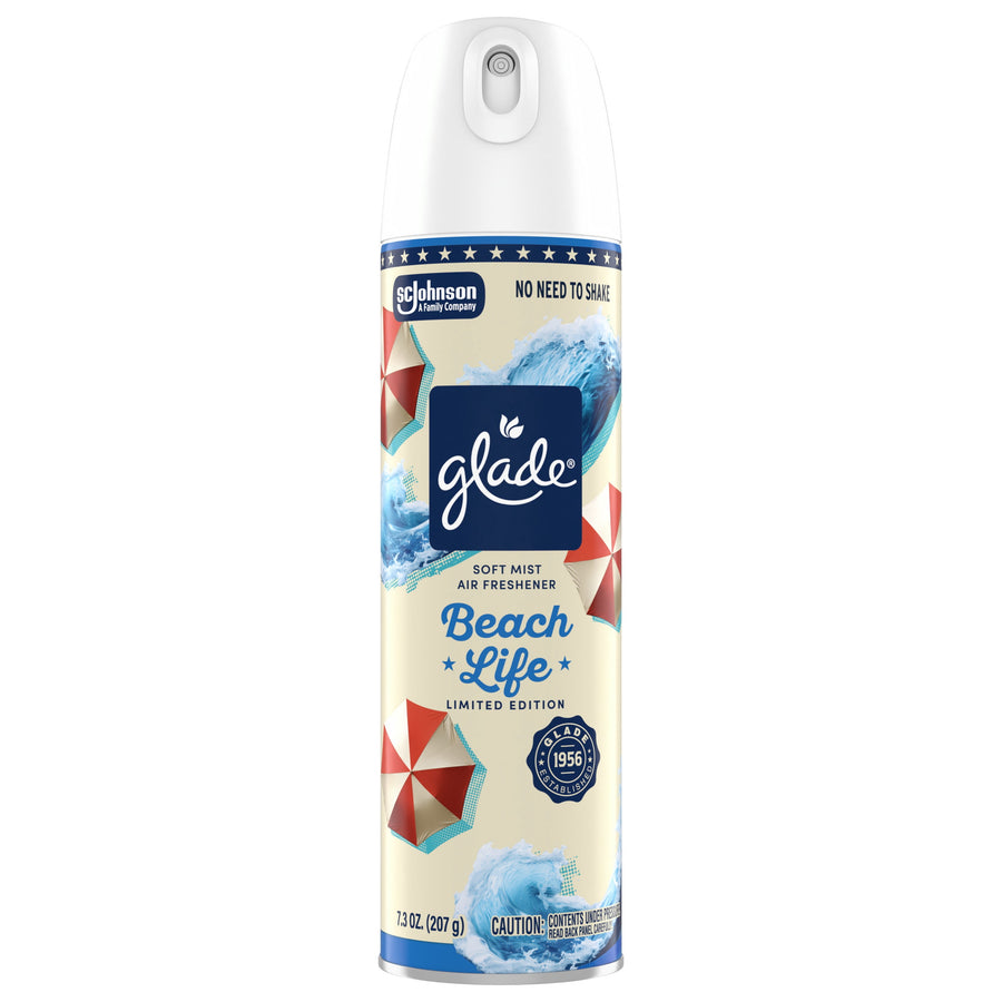 Tall Glade Soft Mist air freshener can with 'Beach Life' label and umbrella graphics, front view