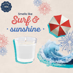Graphic art for Glade Beach Life with text 'Smells like Surf & sunshine', a candle illustration, umbrella and ocean wave