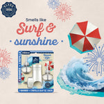 Glade Beach Life product tile with packaging, a wave illustration and umbrella alongside text “Smells like Surf & sunshine”