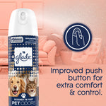 Glade Pet Fresh can with icon and copy promoting an improved push button for extra comfort and control