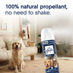 Glade Pet Fresh aerosol can in a living room scene with a golden retriever and copy about natural propellant