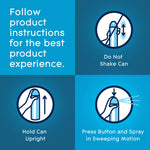 Instructional graphic panels showing hold can upright, do not shake, and press button and spray in sweeping motion