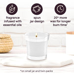 Graphic showing a lit clear-jar candle on a surface with three icons above describing fragrance, spun jar design, and 20% more wax