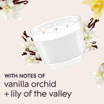 Tilted three-wick Glade candle illustration with vanilla pods and flowers and text describing notes of vanilla orchid and lily of the valley.
