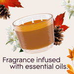 Glade Cashmere Woods three-wick candle in a clear textured jar surrounded by jasmine flowers, pine cones and fall leaves.